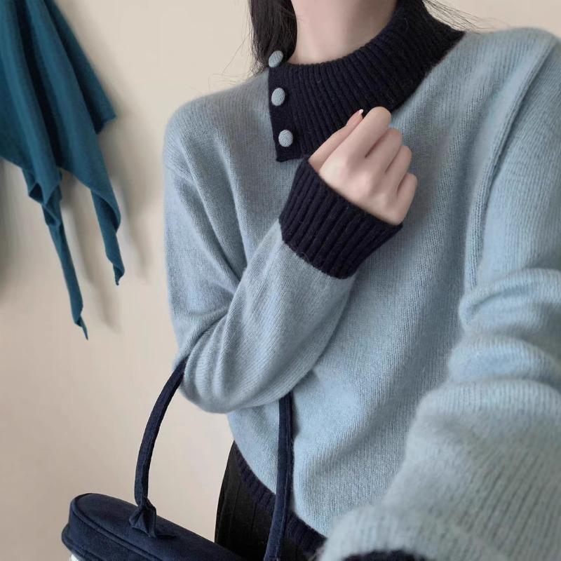 Contrasting color lapel sweater women's winter loose and gentle wind design sense unique knitted backing inner top thick