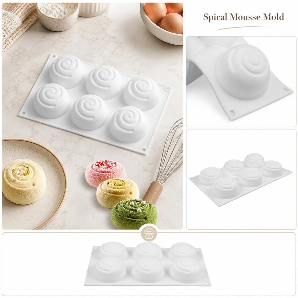 6 Cavity Spiral Round Silicone Mousse Mold for Baking DIY Cake Pudding Dessert Mold Flexible Non-Stick Baking Tray for Home and Professional Use