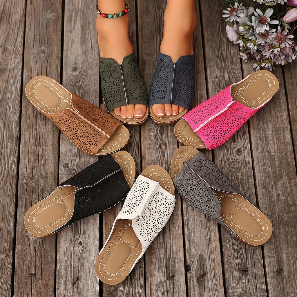 Summer Women's Large Size Round Head Retro Solid Color Sandals Hollow Sewing Line Wedge Sandals