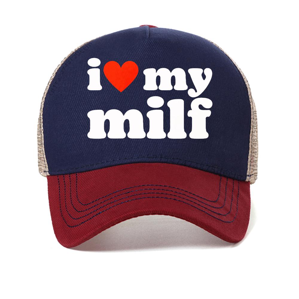 Men's I Love My Milf Baseball Cap Black I  MILFS Printed Text Casual Daily Wear Street Style Fashion Caps Mesh Snapback Hats