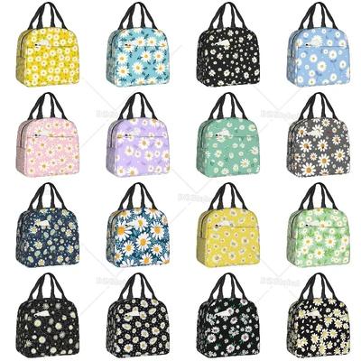 Isolierte Lunchtasche mit Blumen- und Gänseblümchen-Print für Frauen, Kamillenblüten, Kühltasche, Thermo-Lunchbox, tragbare Bento-Taschen für Picknicks