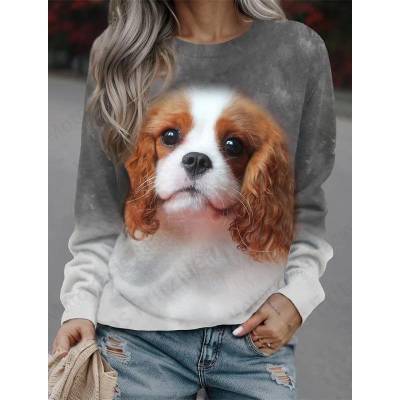 Autumn Long Sleeved Shirt Loose Casual Women's T-shirt Cute Cat Dog Print Fashionable Daily Comfortable Commuting T-shirt