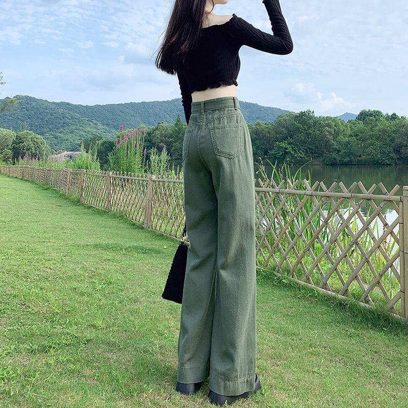 Korean Fashion Loose Versatile Wide Leg Jeans Women High Waist Solid Pocket Zipper Summer Thin Casual Straight Full Length Pants