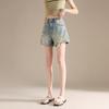 RAIN.CUN Women's Retro Distressed High-Waist A-Line Wide-Leg Denim Shorts