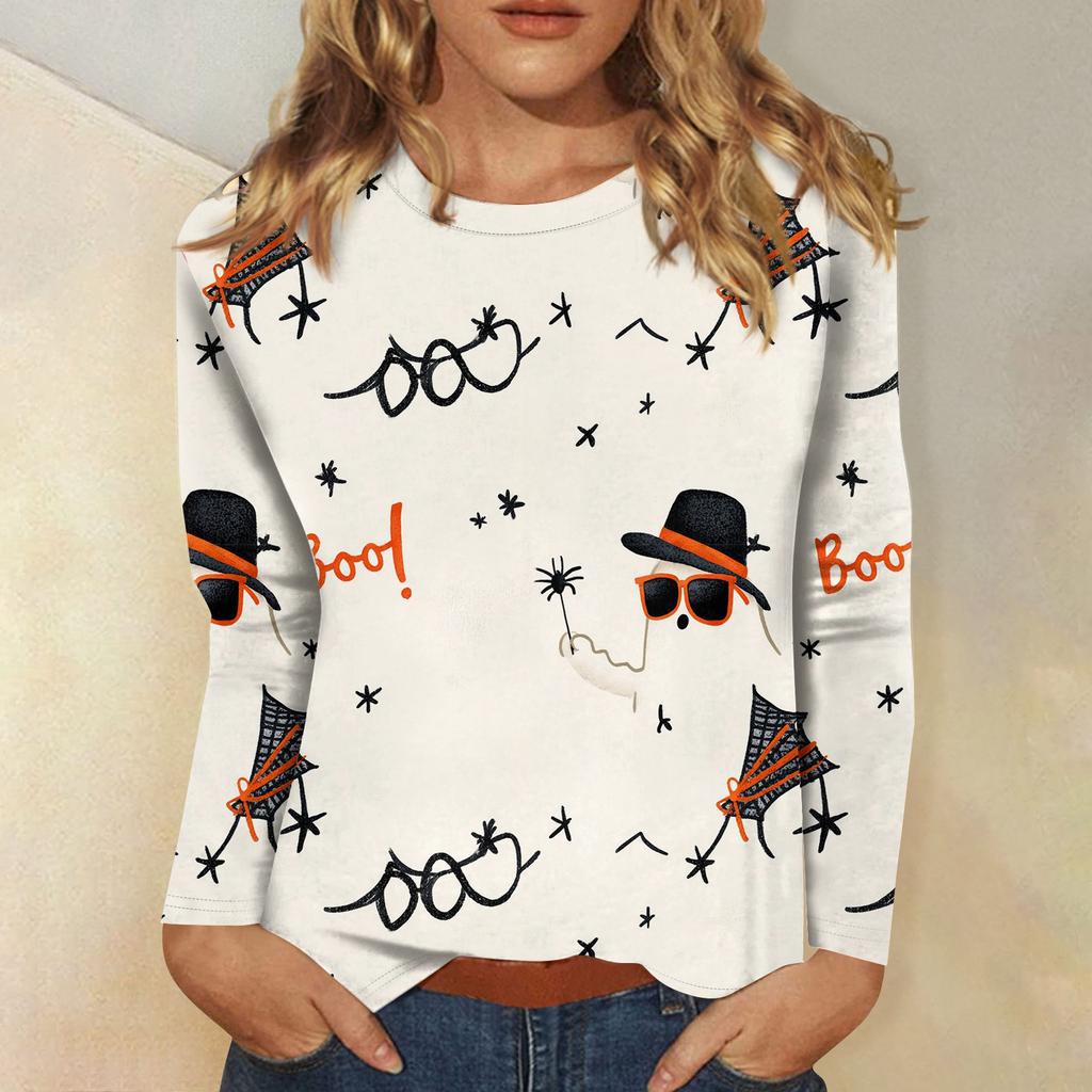 Women's Long-sleeved Loose-necked Halloween Print Casual Top , Suitable for Holiday Parties