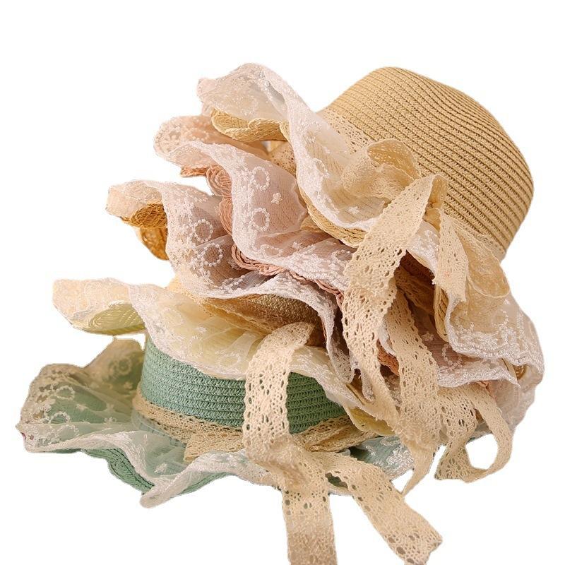 Fashionable New Children's Straw Hat with Large Brim Sun Protection and Sunshade Hat, Beach Lace Hat