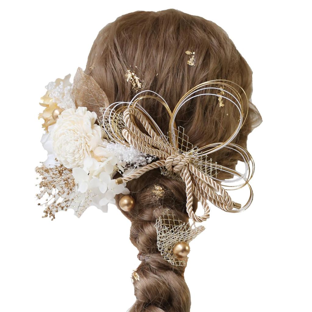 Bud Flower Hair Graduation Dried Gold Ornament, Coming-of-Age Ceremony, Ceremony, Flowers, Mizuhiki, Leaf, Kimono, Furisode, Hakama, Headpiece,