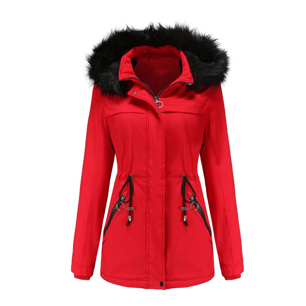 Women's Hooded Plus Velvet Corduroy Coat Ladies Winter Cotton Coat Thickened Mid-length Warm Jacket