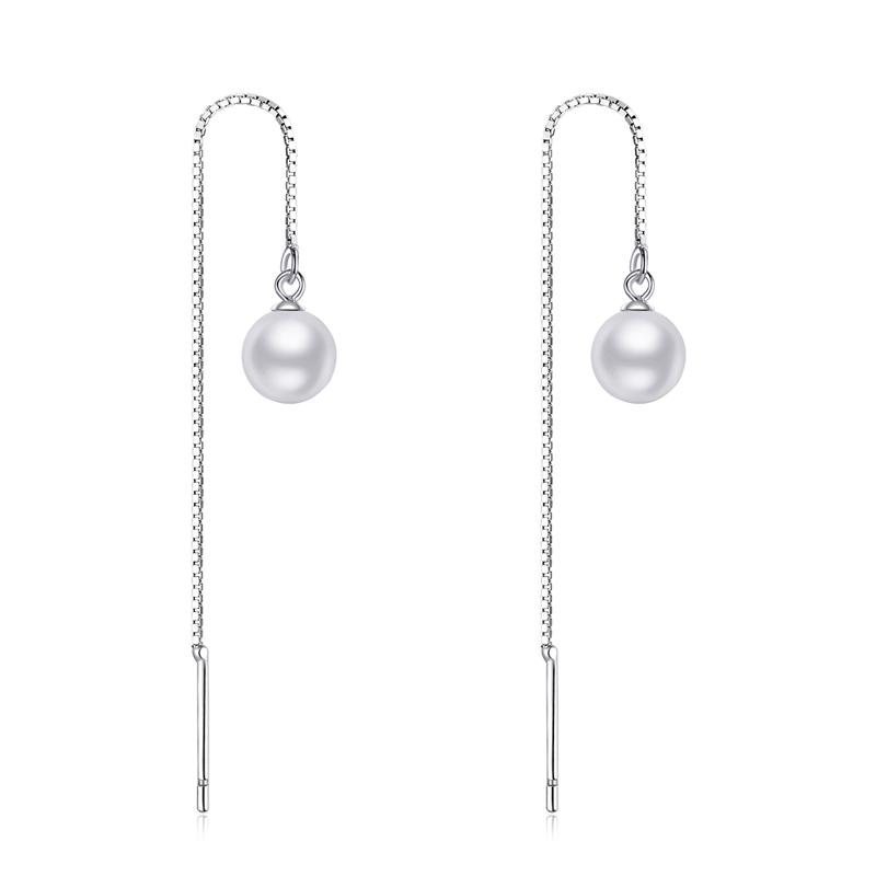 WOSTU 925 Sterling Silver Long Tassel Ear Cords Simple Shell Pearl Line Drop Earrings For Women Fashion Silver Jewelry CQE878-B
