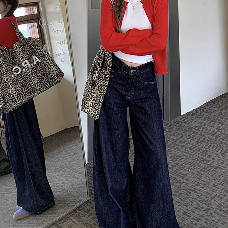 2024 Women's High Waist Dark Blue Retro Straight Jeans - Slim Wide Leg Mopping Trousers