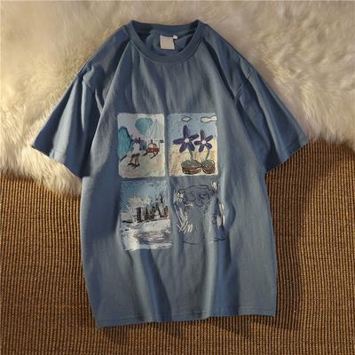Amerikanischen vintage lustige druck weiß blau kurzarm t-shirts für frauen 2025 sommer casual Lose frauen t-shirt harajuku streetwear t-shirt y2k tops