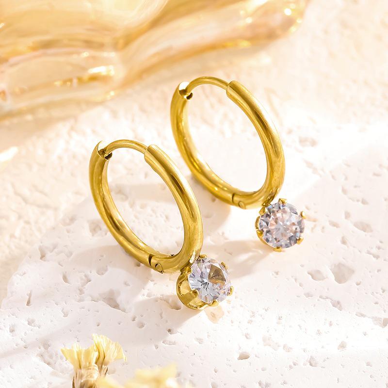 Exquisite French-Style Titanium Steel Zircon Earrings: Shiny Round Ornaments for Girls