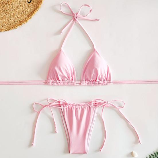 

Yousheng, 2 шт./компл., однотонный комплект бикини с открытой спиной, комплект бикини с лямкой на шее, треугольный бюстгальтер с завязками сбоку, стринги, купальник, пляжная одежда