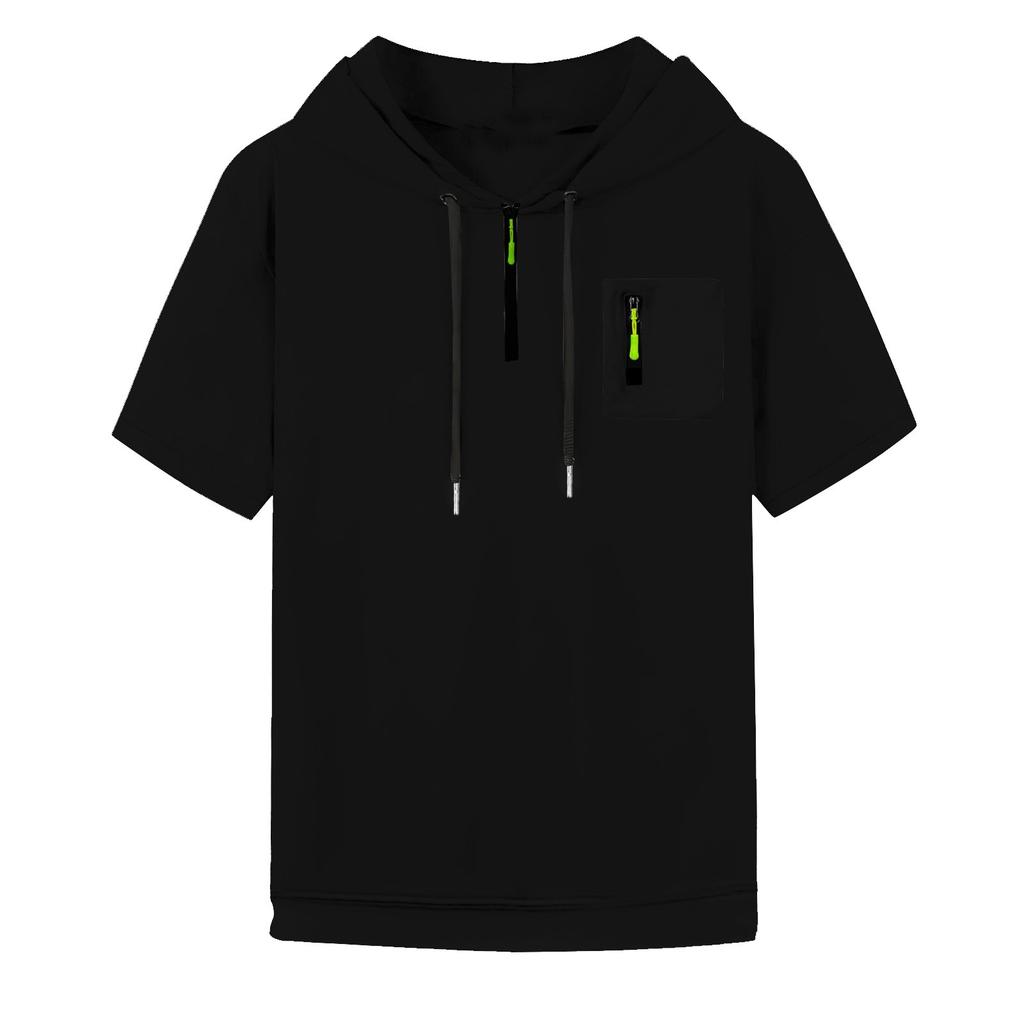 Men's Summer Shirt Zipper Pocket Short Sleeve Hooded Sweatshirt Men's Sports Large Size Casual Sweatshirt