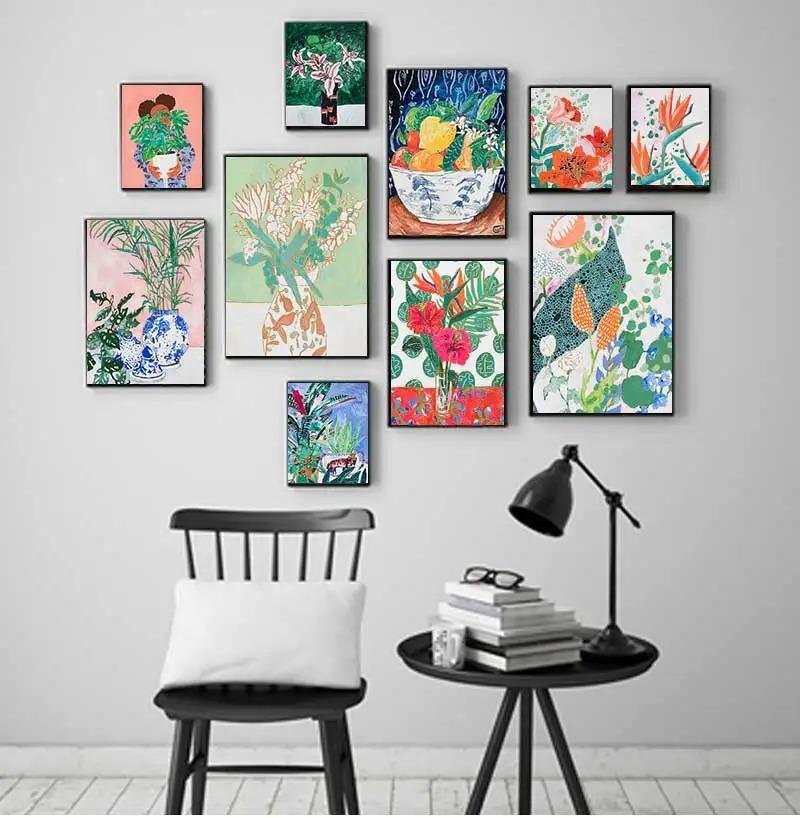 Nordic Flower Leaf Colorful Vase Art Print Wall Poster Canvas Painting Retro Picture Modern Home Decor Bedroom Decoration