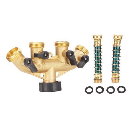 

3/4in 4 Way Brass Garden Hose Splitter Wear Resistant Hose Connectors with Telescopic Water Pipe for Garden Watering