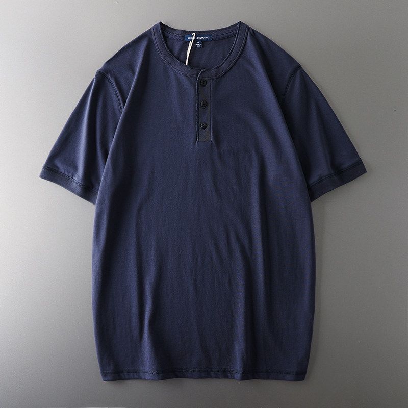 Export Tail Single Cut Label American Heavy Weight Henley Shirt Short Sleeve Men's Henry Collar Hard Han Style T-shirt Menswear Clothing Tops