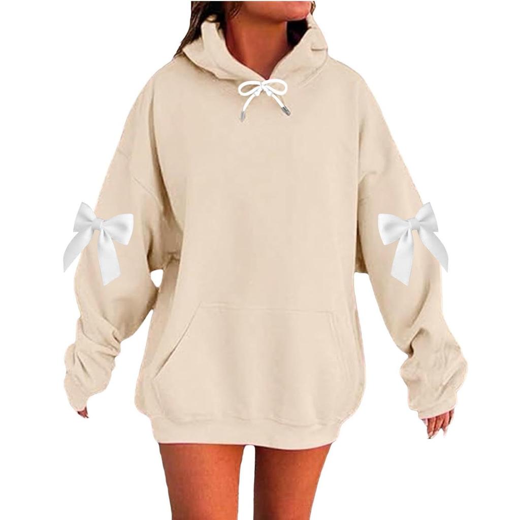 Women's Solid Color Bow Long Sleeved Loose Fitting Headband With Rope Hooded Sweatshirt Top