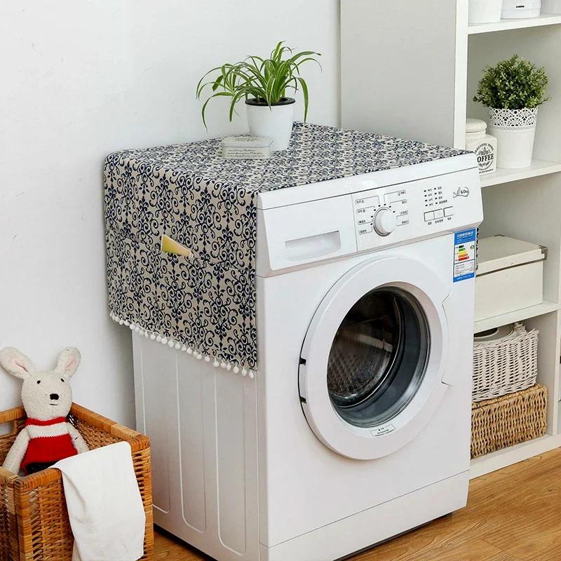 Drum Washing Machine Cover Dustproof Refrigerator Microwave Oven Cover with Pocket Protector Printing Cotton Household Dustcover
