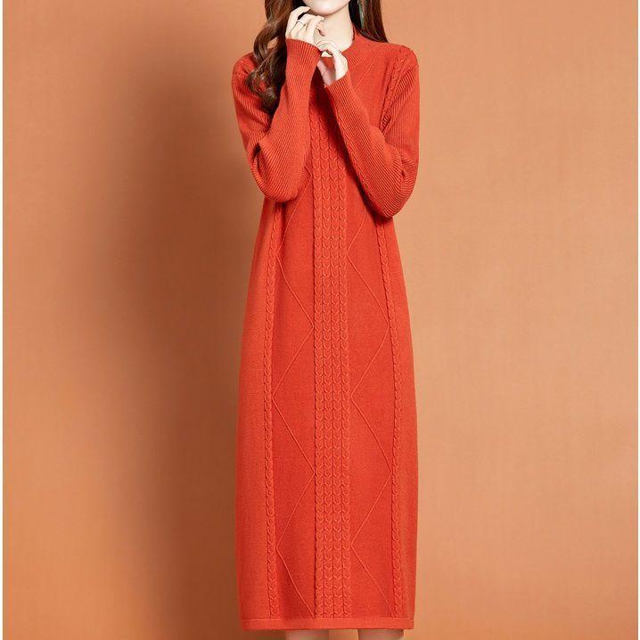 Knitted Dress for Women Mid-length Straight Sweater Dress Long Pullover Loose Knitted Sweater Knee-length Base Sweater