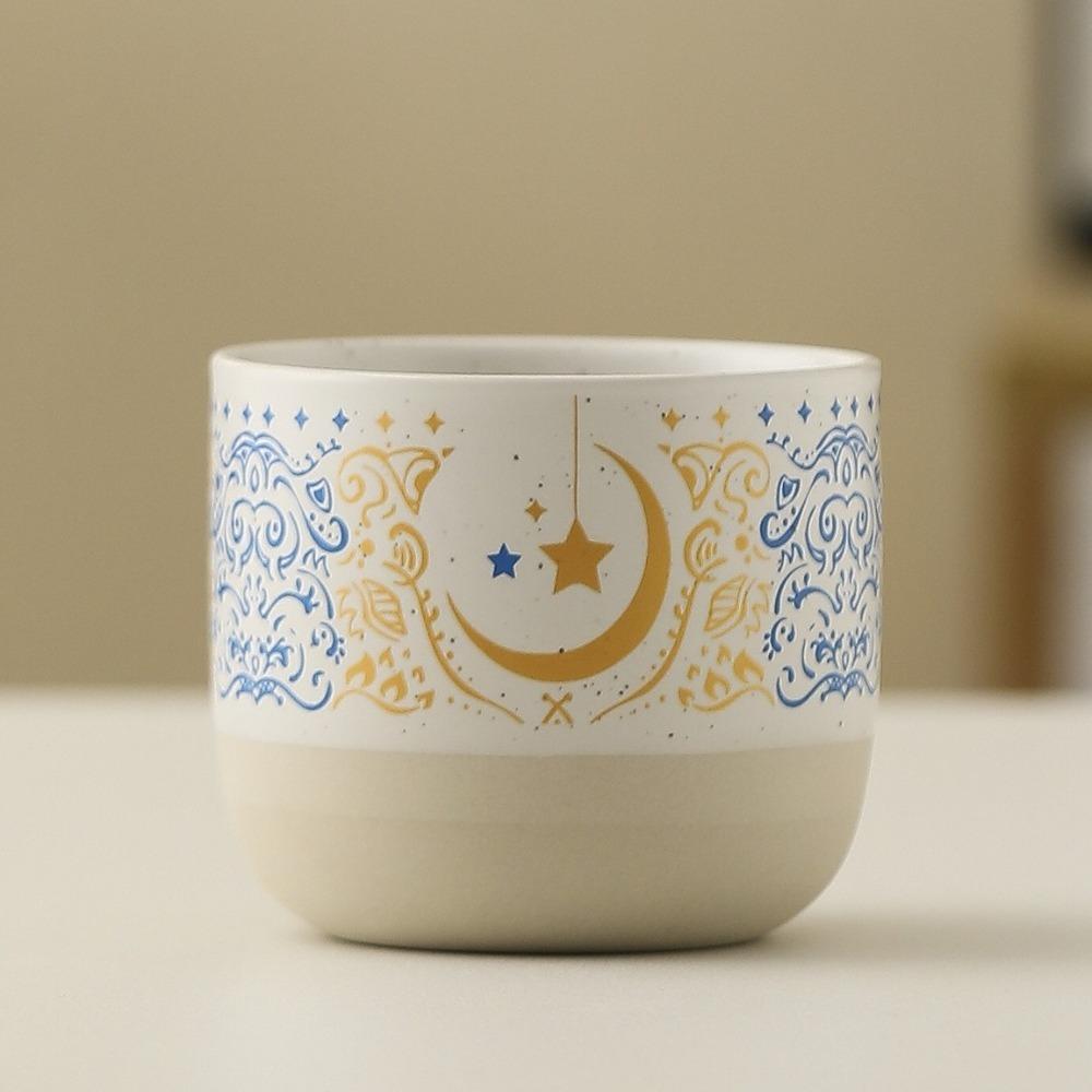 Star Moon Texture Flat Bottomed Cup Retro Milk Cup Creative Ceramic Coffee Cup Camping белый