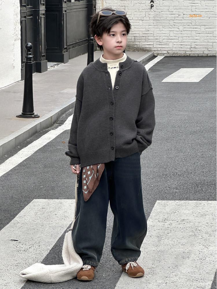 

2025 Осень/Зима Серый Теплый Вязаный Кардиган для Мальчиков – Корейский Повседневный Тренд 150 cm