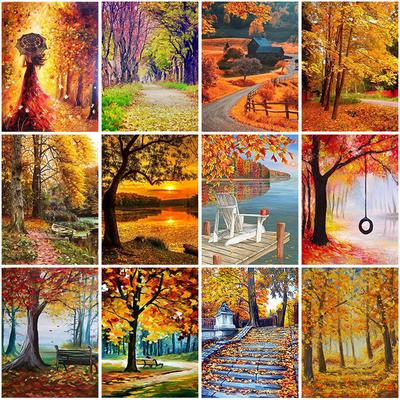 5D Diamond Painting Tree Fall Full Round Rhinestone Scenery Autumn Diamond Mosaic Full Layout Cross Stitch Home Decor