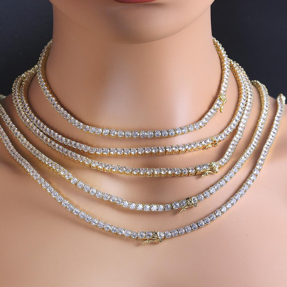 Einreihige Zirkon Tennis Halskette Street Hip Hop Halskette Voll Diamant Kupfer Vergoldet Handgefertigte Kette Tenniskette