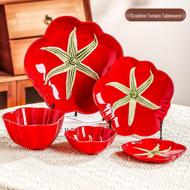 Tomato Ceramic Tableware: Tomato-Shaped Dinner Plates, Heart-Shaped Dessert Bowls, Festive Fruit Plate, Red Storage Jar.