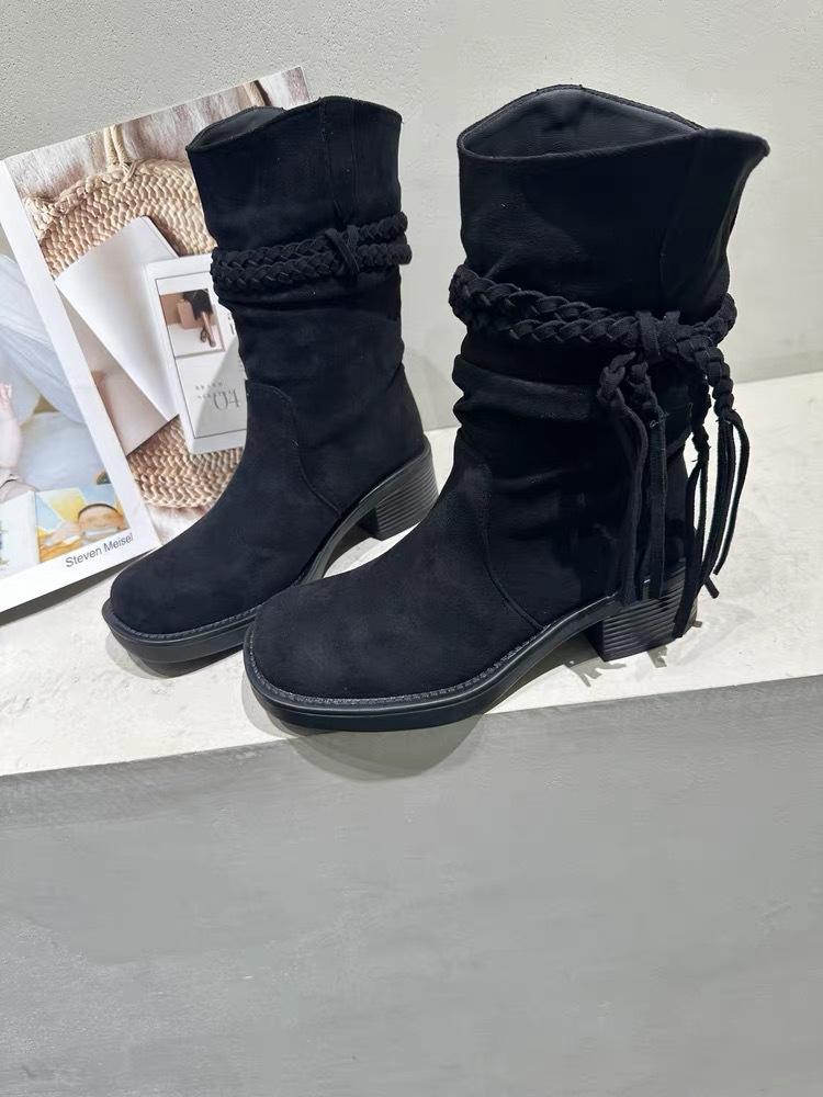 

Версия из коровьей кожи~ ботинки на толстой подошве женские винтажные в стиле рыцарских ботинок из натуральной кожи матовые с бахромой из пеньковой веревки на толстом каблуке ботильоны 40