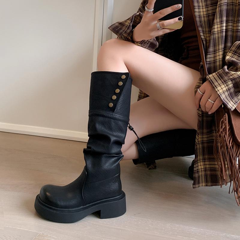 

Wasteland pleated pile boots, real soft leather two-wear foldable thick heel thick sole tall knight boots, western boots 35