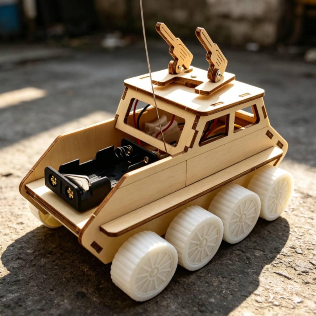 RemoteControl Tank Car Light Wood Finish Cut Wooden Vehicle Kit TurretRotating Top Piece DIY Armored