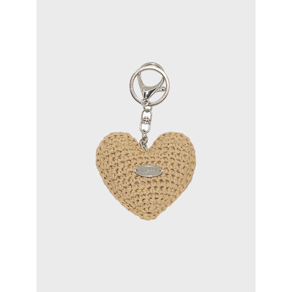 Slowslowly Chubby Heart Handmade Crochet Raffia Keyring _ Natural Beige