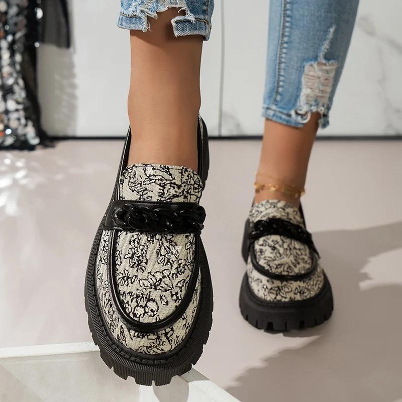 Fashion Women's Chain Decor Platform Loafers New Soft Bottom Round Toe Pumps Woman Office Lightweight Non Slip Loafer Shoes Mujer