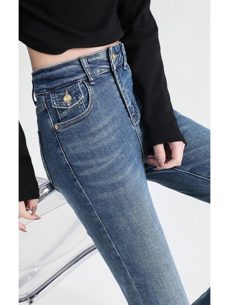 High-Waisted Slim Fit Micro Flare Blue Jeans: Fashionable Casual Style for Tall Women's Autumn/Winter Wardrobe.