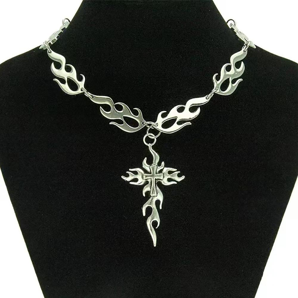 New Gothic Flame Cross Punk Exaggerated Necklace Fashionable Hip-Hop Couple Pendants for Men Women Gift for Friends Other