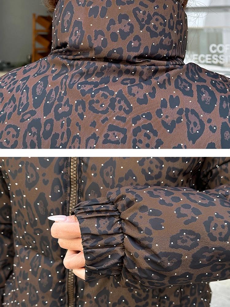 Women's Short Leopard Print Stand Collar Winter Jacket