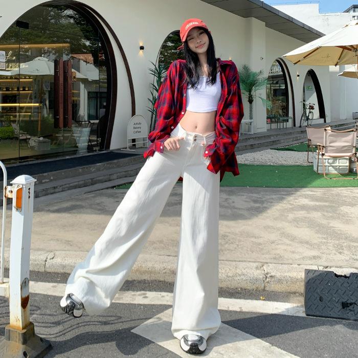 Spring Spring Retro Lazy Wind Washed Drape Jeans Women's High Waist and Thin Wide Leg Floor Pants Trousers