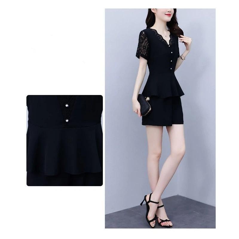 Women's Plus Size 2-piece Lace Trimmed V-neck Top And Shorts Slim Fit Summer Set Pure Black
