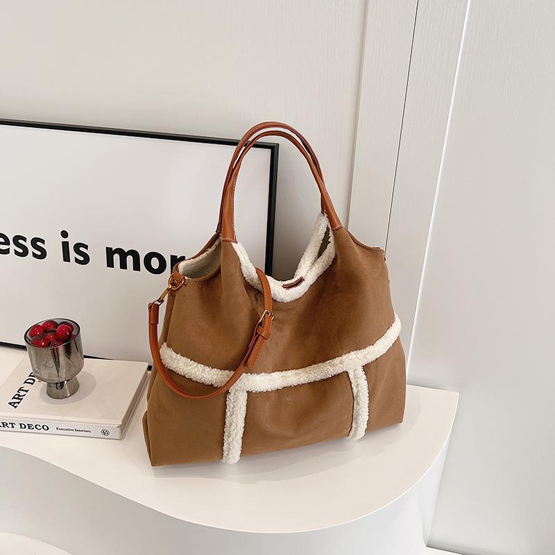 Women Faux Suede Shoulder Bag Lamb Wool Tote Bag Crossbody Bag Large Capacity for Shopping Work
