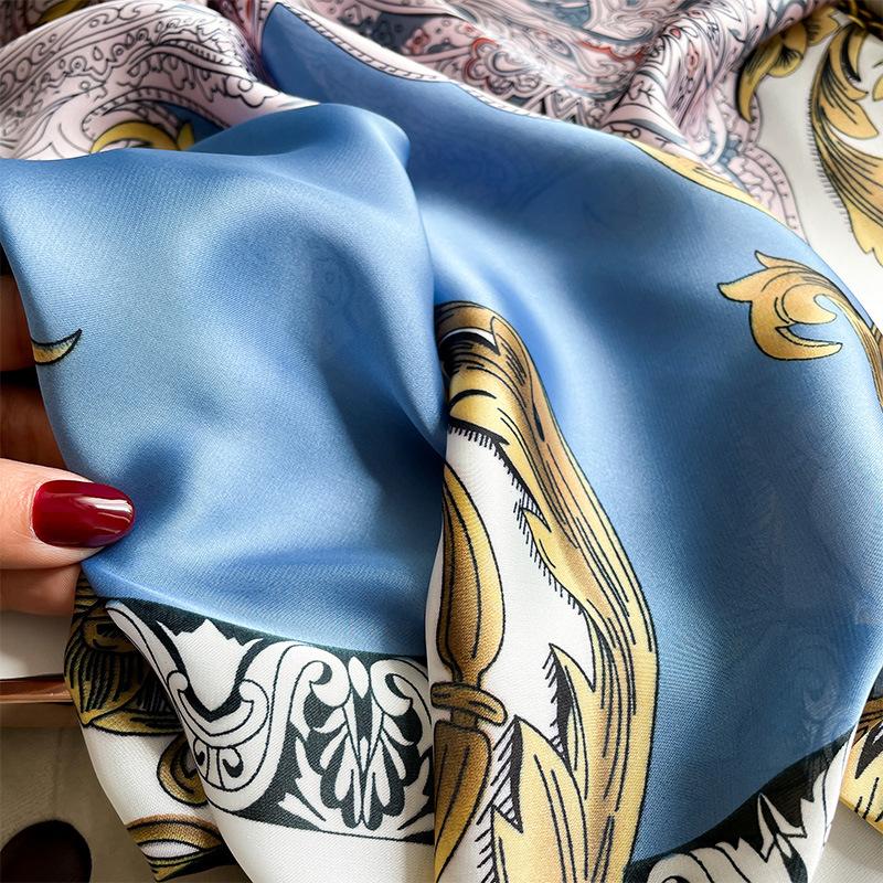 Retro Printed Flowers Spring and Summer Long Silk Scarf with Lady's Temperament Versatile Travel Photography Sun Protection Scarf Neck Protection