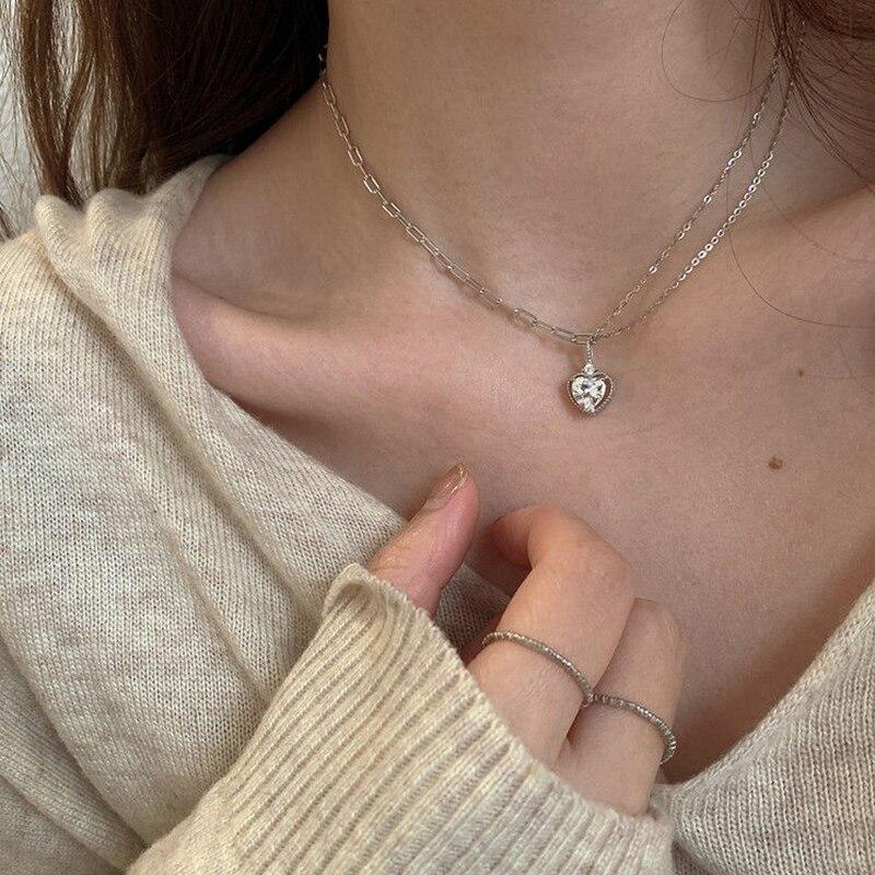 Sterling Tone Love Heart Cubic Zircon Women Necklaces Charm Pendant Clavicle Chain Choker Celebration Party Event JewelryTrendy Pendant