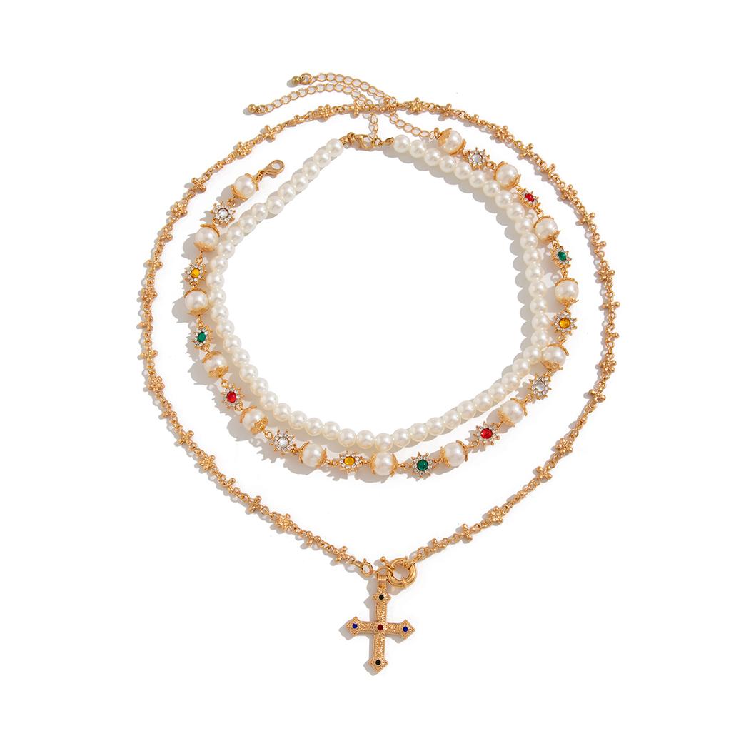 SHIXIN 3 Pcs Trendy Imitation Pearl Rhinestone Flower Long Tassel Necklace for Men Vintage Cross Pendant Necklace Neck Jewelry