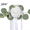 Weather Resistant Car Decor Wedding Door Handle Flower with Ribbon Tie And Green Leaves, White Artificial Realistic Petal Rose Rearview Mirror Bouquet