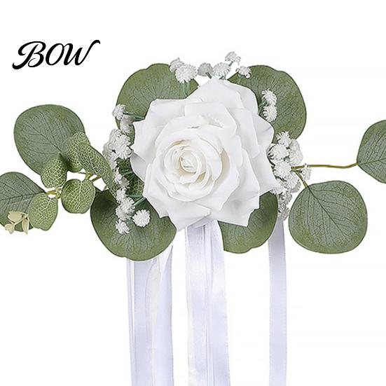 Weather Resistant Car Decor Wedding Door Handle Flower with Ribbon Tie And Green Leaves, White Artificial Realistic Petal Rose Rearview Mirror Bouquet