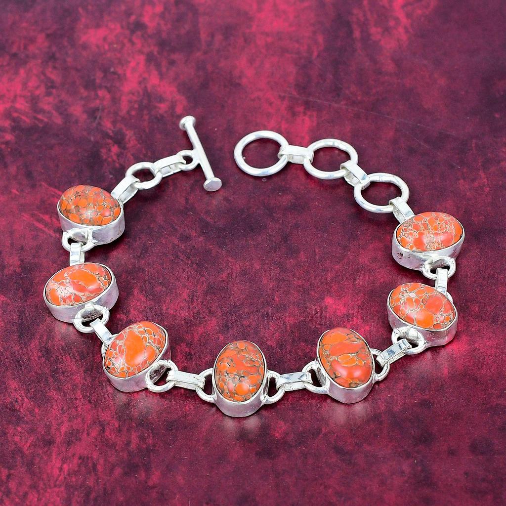 Orange Sea Sediment 925 Solid Sterling Silver Bracelet with Adjustable Chain, Handmade Gemstone Jewelry Bracelet For Memorial Day