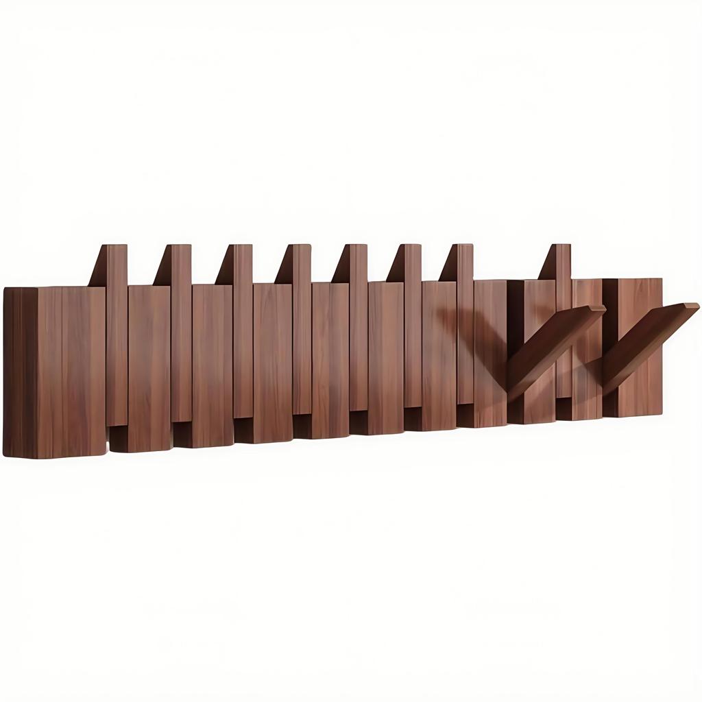 [Wall-Mounted Coat Rack] 1pc Natural Wood Wall-Mounted Coat Rack with Hooks -Piano-Shaped Accordion Design,Walnut Finish,Space-Saving Vertical Storage
