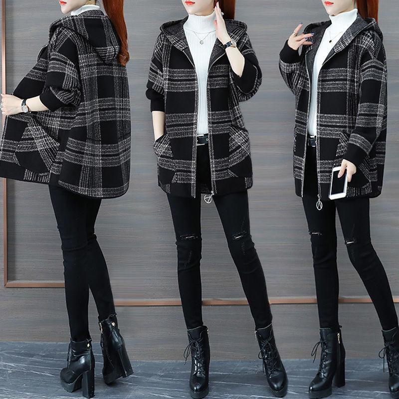 Women's Loose Plaid Hooded Jacket - 2025 Autumn/Winter Fashionable Zipper Cardigan