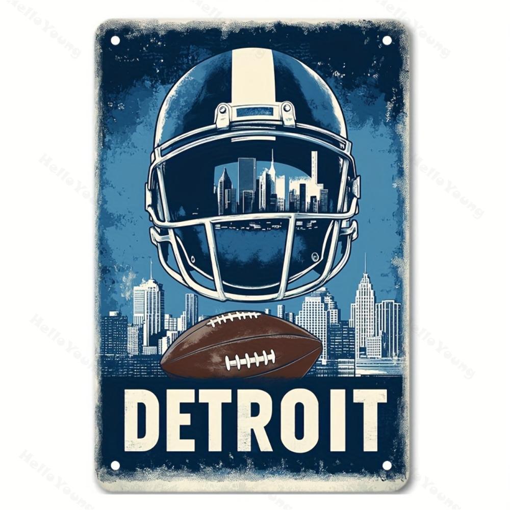 Detroit Football Iron Metal Sign Weather-Resistant with Pre-Drilled Holes Decorative Wall Art for Home Garden Cafe Office Club