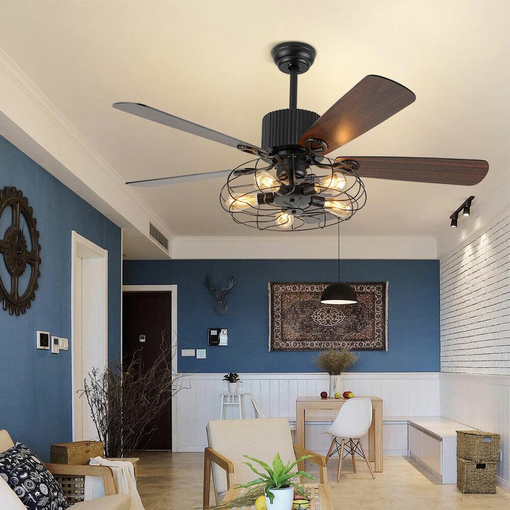 52'' Industrial Ceiling Fan with Light and Remote Control Metal Cage Chandelier Electric Fan Retractable Blades Bathroom Decor